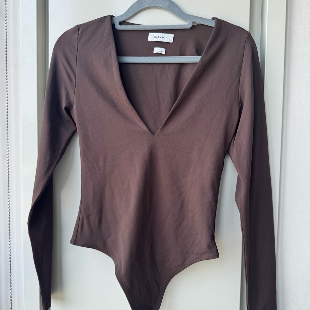 Babaton Chocolate Brown V-Neck Long-Sleeve Bodysuit